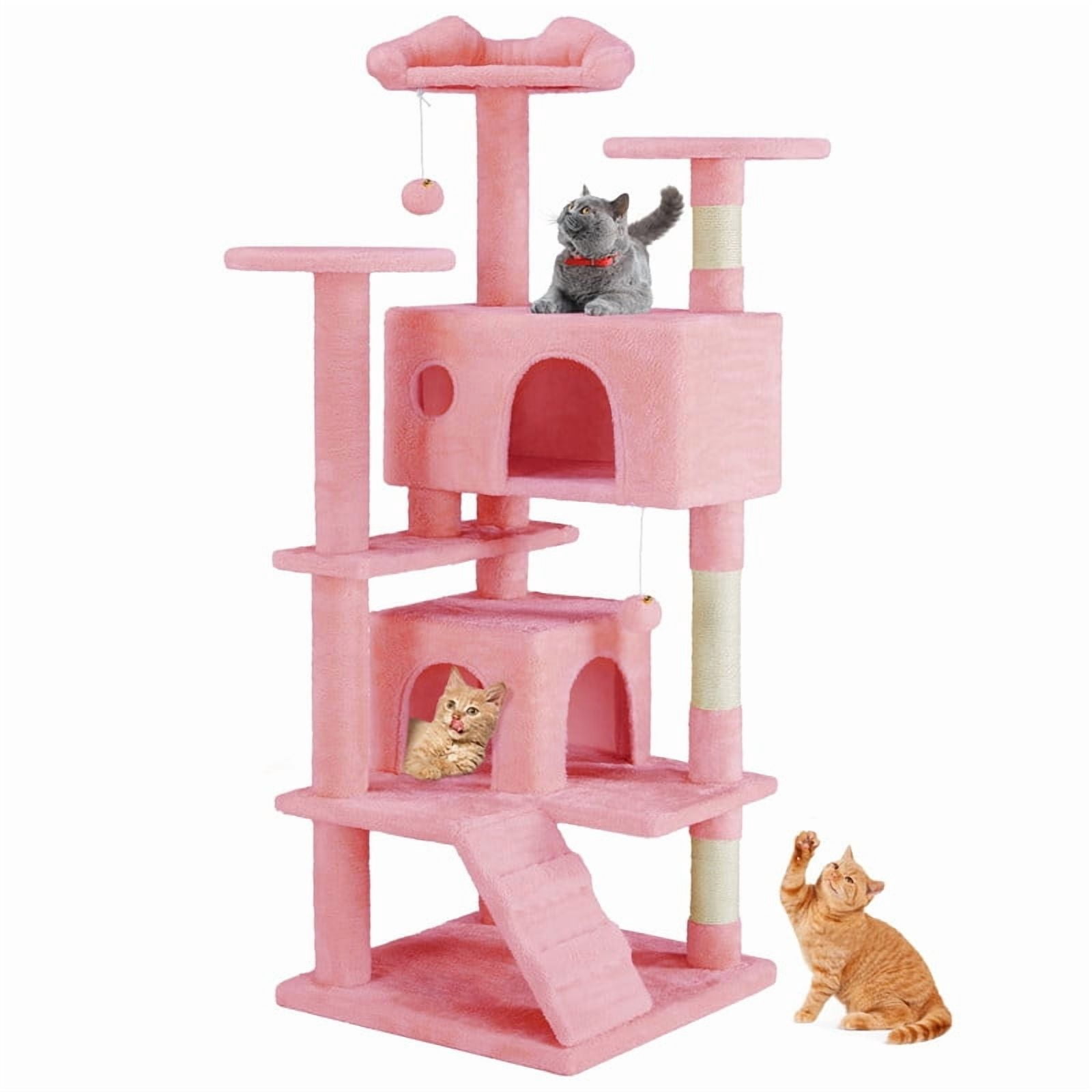 Kelno 54" Cat Tree Tower Durable Cat Climbing Tower with Sisal Scratching Posts Cozy Condo Hammock and Platforms, Pink