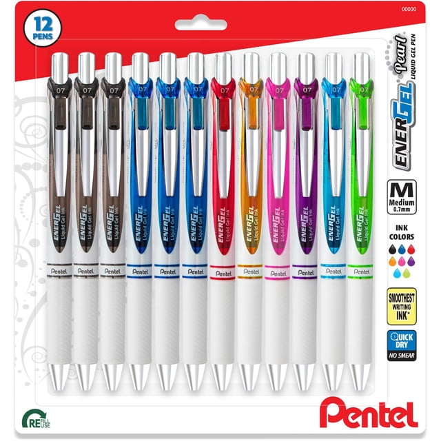 Bolígrafos Pentel EnerGel Pearl retráctiles de 0,7 mm, paquete de 12