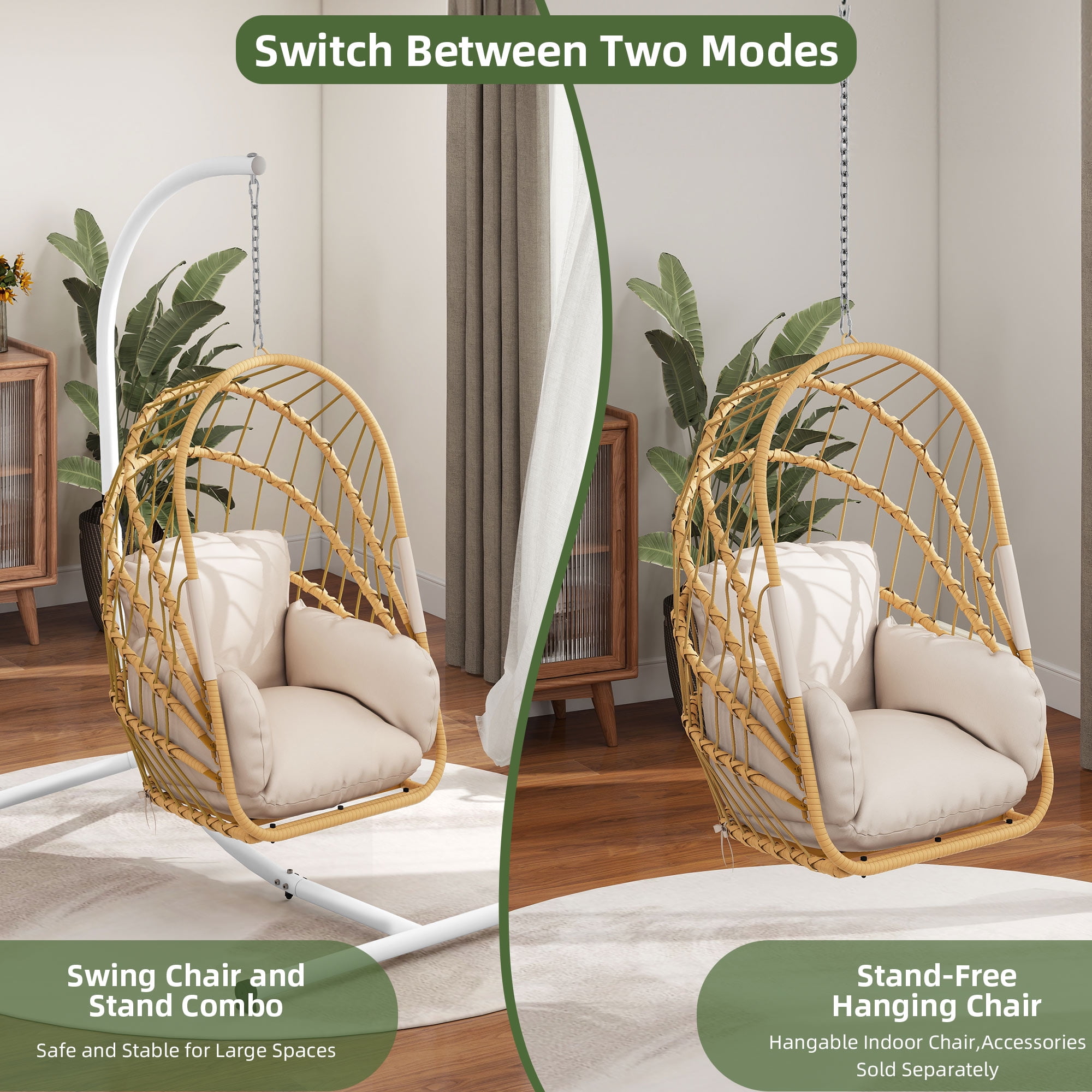 Uforic Hanging Egg Chair with Stand, Patio Swing Egg Chair Hammock Chair for Outdoor Indoor - Beige