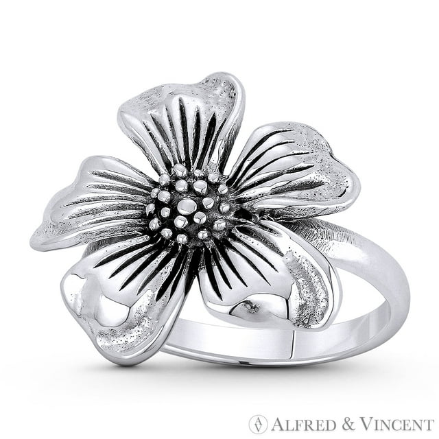 5-Petal Wild Flower Free Spirit Charm Right-Hand Statement Ring in Oxidized .925 Sterling Silver