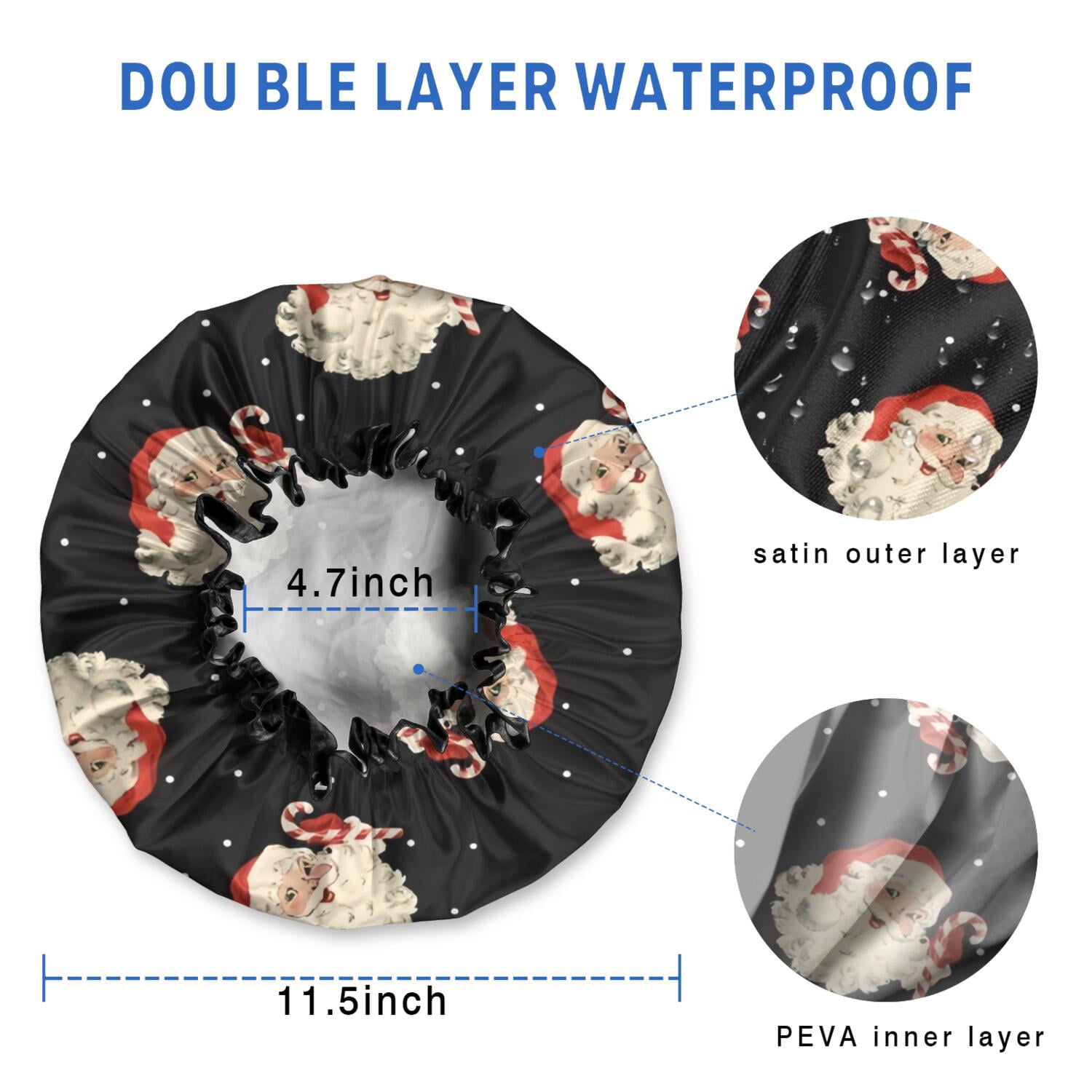 Shower Caps,Black Christmas Santa Pattern Waterproof Shower Cap for Women 4 Pieces,Double Reusable Hair Cover for Shower PEVA Elastic Stretch Hem