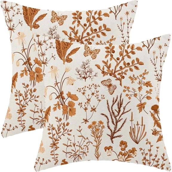 Fall Pillow Covers 18x18 Inch Set of 2,Burnt Orange Wild Flower Plant Throw Pillows Case,Seasonal Floral Outdoor Decorative Square Linen Farmhouse Decor Cushion Covers for Home Sofa Bed Couch
