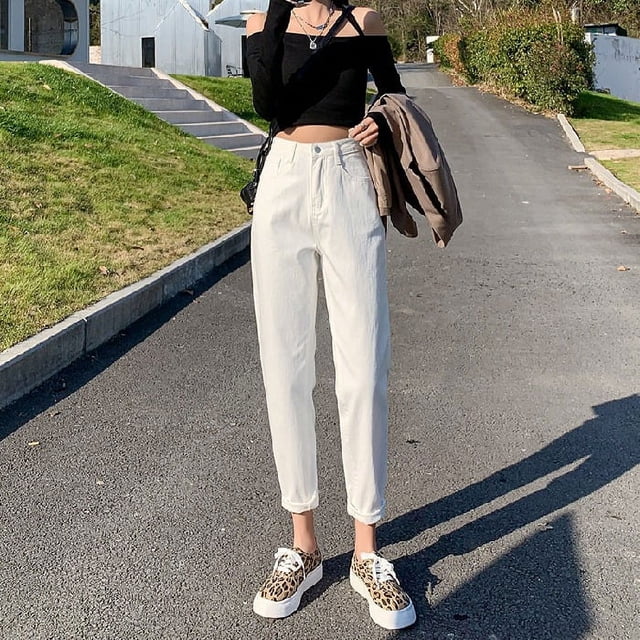 Pantalones vaqueros Harlan blancos para mujer, pantalón holgado de cintura alta, versión coreana, pantalones en color rábano de nueve puntos, novedad de verano 2022