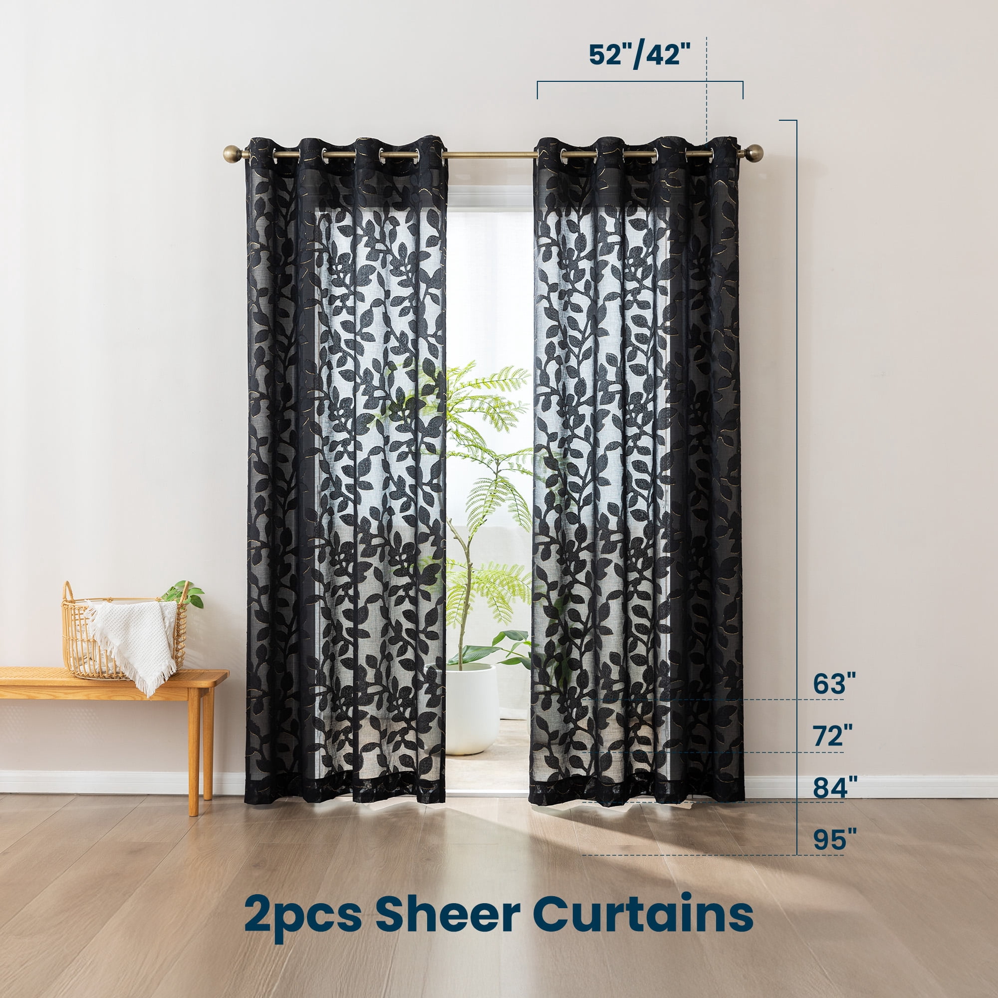 Sleep Zone Sheer Curtains Light Filtering Golden Edged Floral Gentle Window Treatment Drapes for Bedroom Living Room 2 Panels, 52" x 84" Black