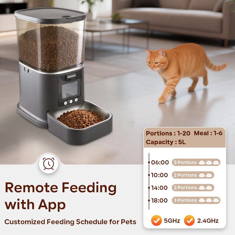 Myonaz 5L Automatic Cat Feeder with Camera 1080P HD, 2.4G/5G WiFi App Control, 2-Way Audio&Video Automatic Cat Food Dispenser (Black)
