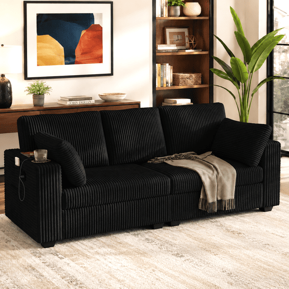 Rophefx 80" 3 Seater Sofa with USB Ports,Cup Holders, Corduroy Deep Seat Sofa Couch for Living Room Apartment Bedroom,Black