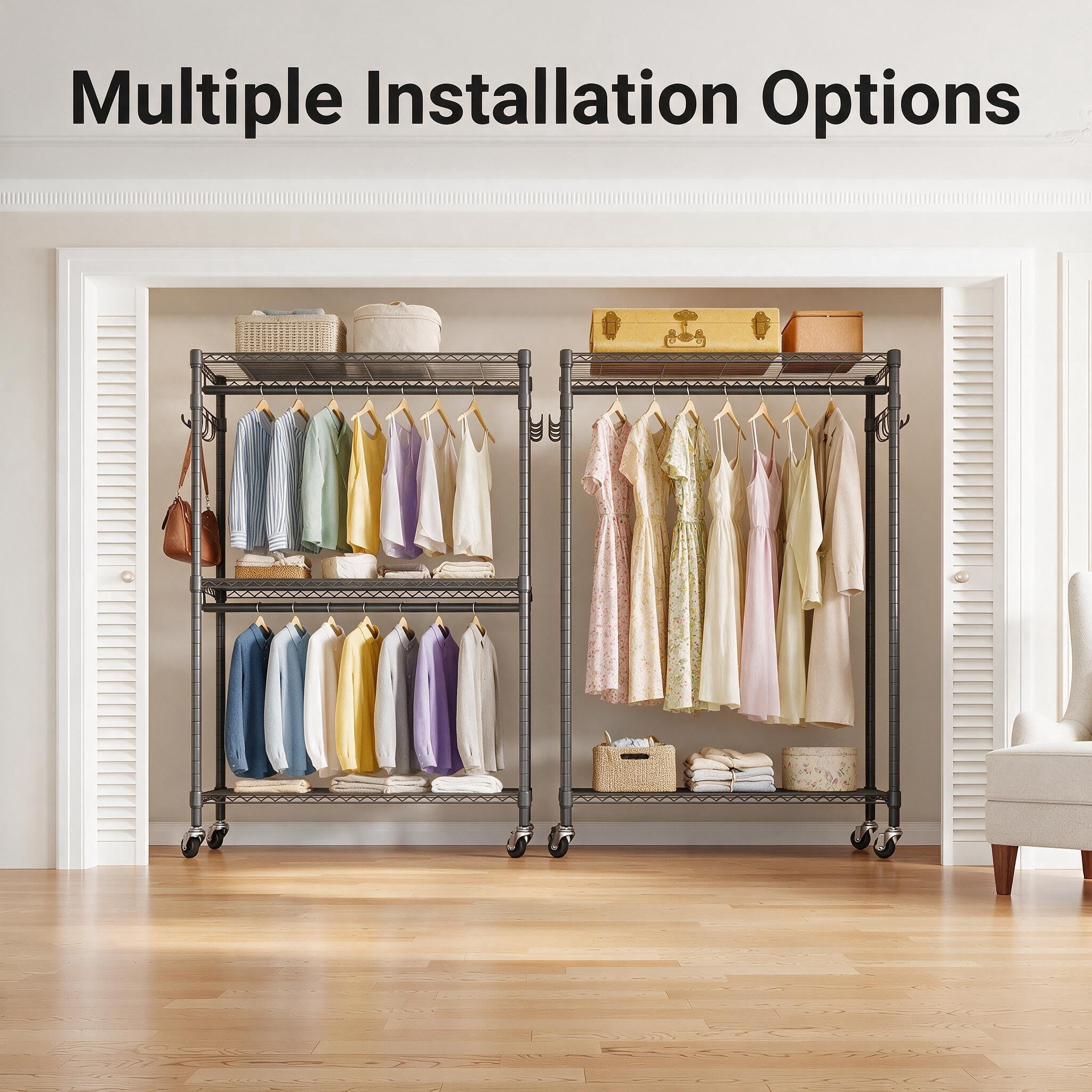 Sailvan 640LBS Heavy Duty Rolling Clothes Rack, 47" Garment Rack with Wheels, Metal Freestanding Portable Closet, 2 Hanging Rods & 3 Shelves,Gray