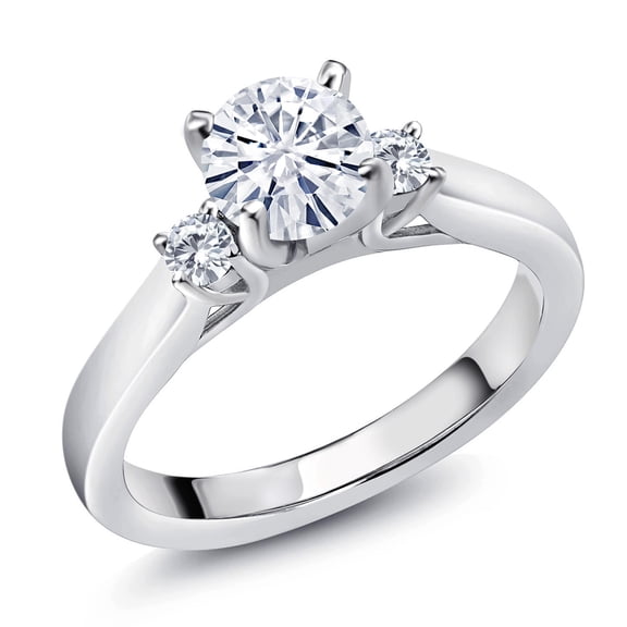 Gem Stone King 925 Sterling Silver White Moissanite and White Diamond 3-Stone Engagement Ring for Women (0.93 Cttw, Round 6MM, Gemstone Birthstone, Size 6)