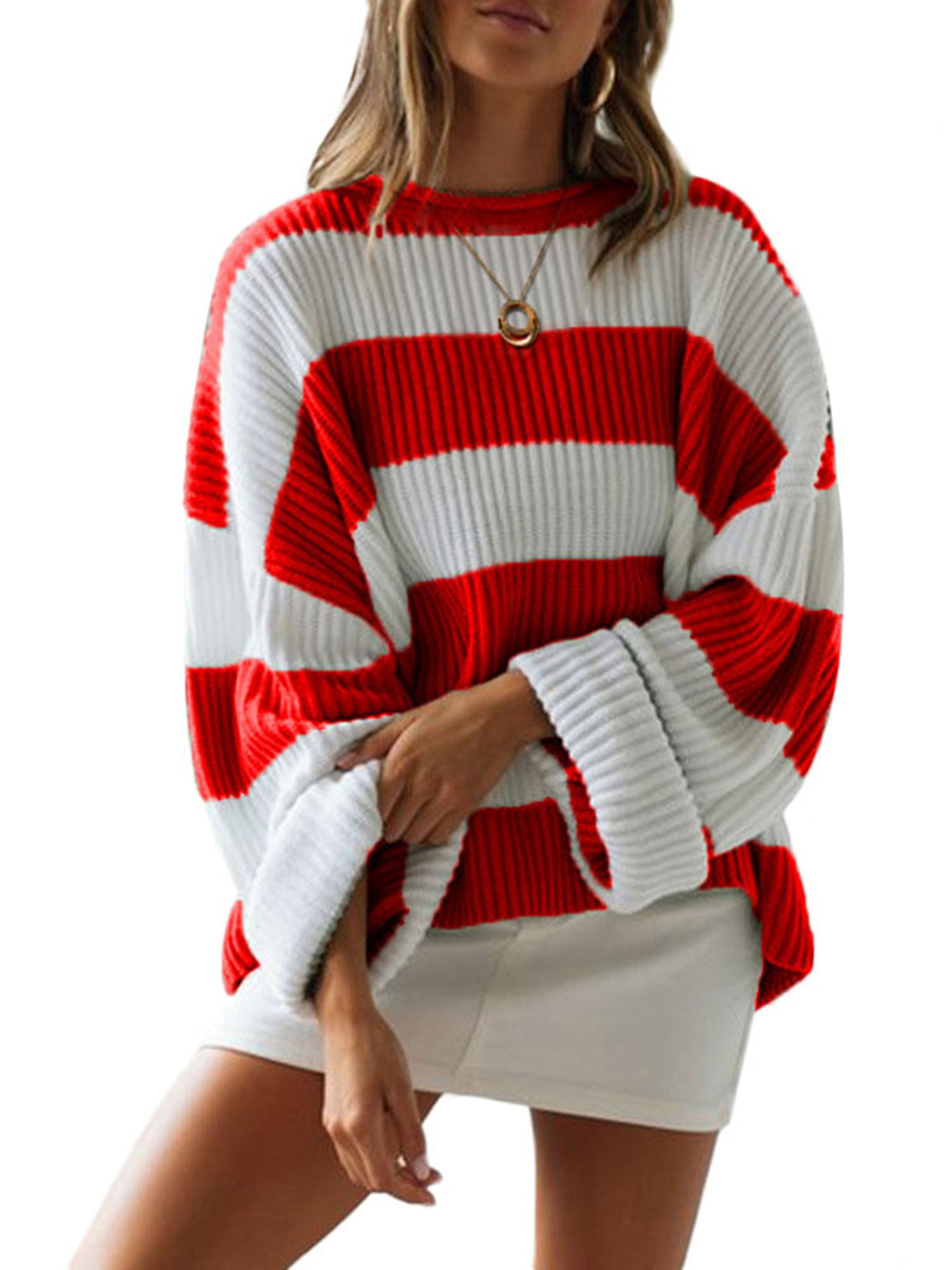 Women Ladies High Neck Striped Sweatshirt Tops Jumper Casual Loose Pullover 8-18