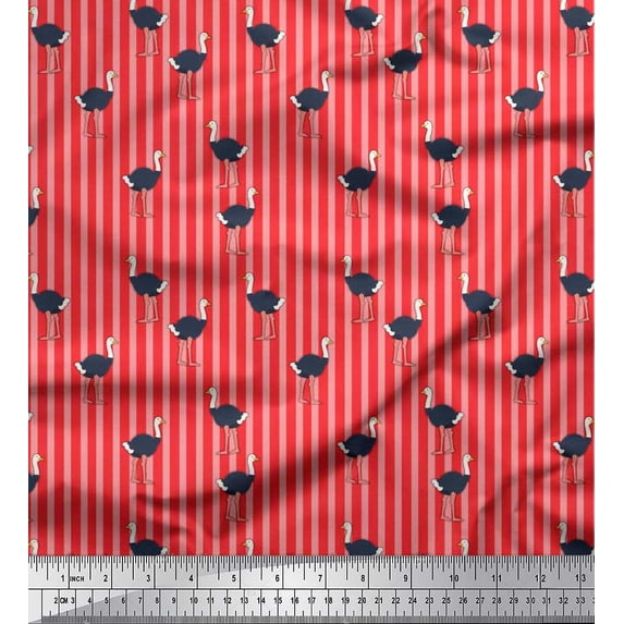 Soimoi Satin Silk Fabric Stripe & Ostrich Bird Print Fabric by Yard 42 Inch Wide