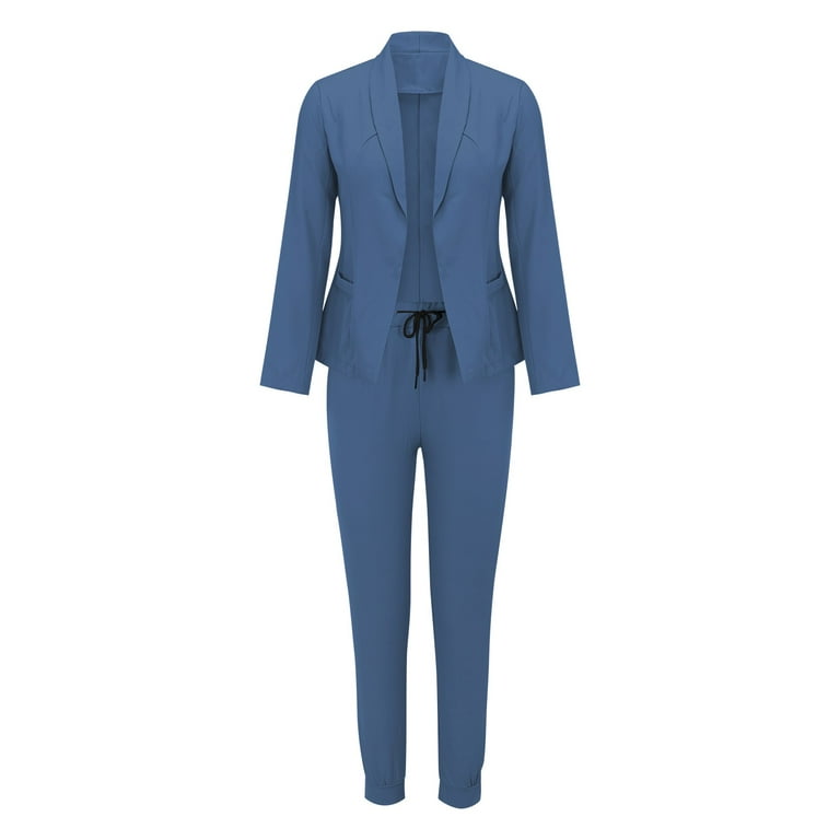 REORIAFEE Women'S Summer Outfits Set Lounge Wear Sets Summer Outfit Women's  Long Sleeve Suit Pants Casual Elegant Business Suit Blue S 