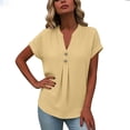 thumbnail image 3 of LNWUY Womens Casual Button V Neck Short Sleeve Shirts Oversized Blouses Tops Fashion Solid Color Cotton Linen Shirts Beige XL, 3 of 6