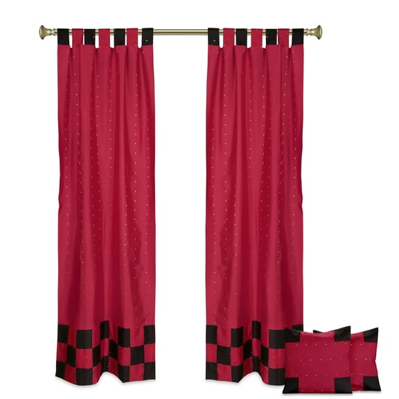 4 Pc Set Indian Sari Curtains & Cushion Covers - Boho Tab Top - Rio Red 96"