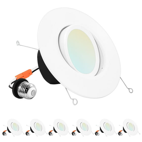 Luxrite 5/6 inch Gimbal LED Recessed Light 11W=90W 5 Color Selectable Dimmable 1100Lumens Wet Rated ETL Listed 6-Pack