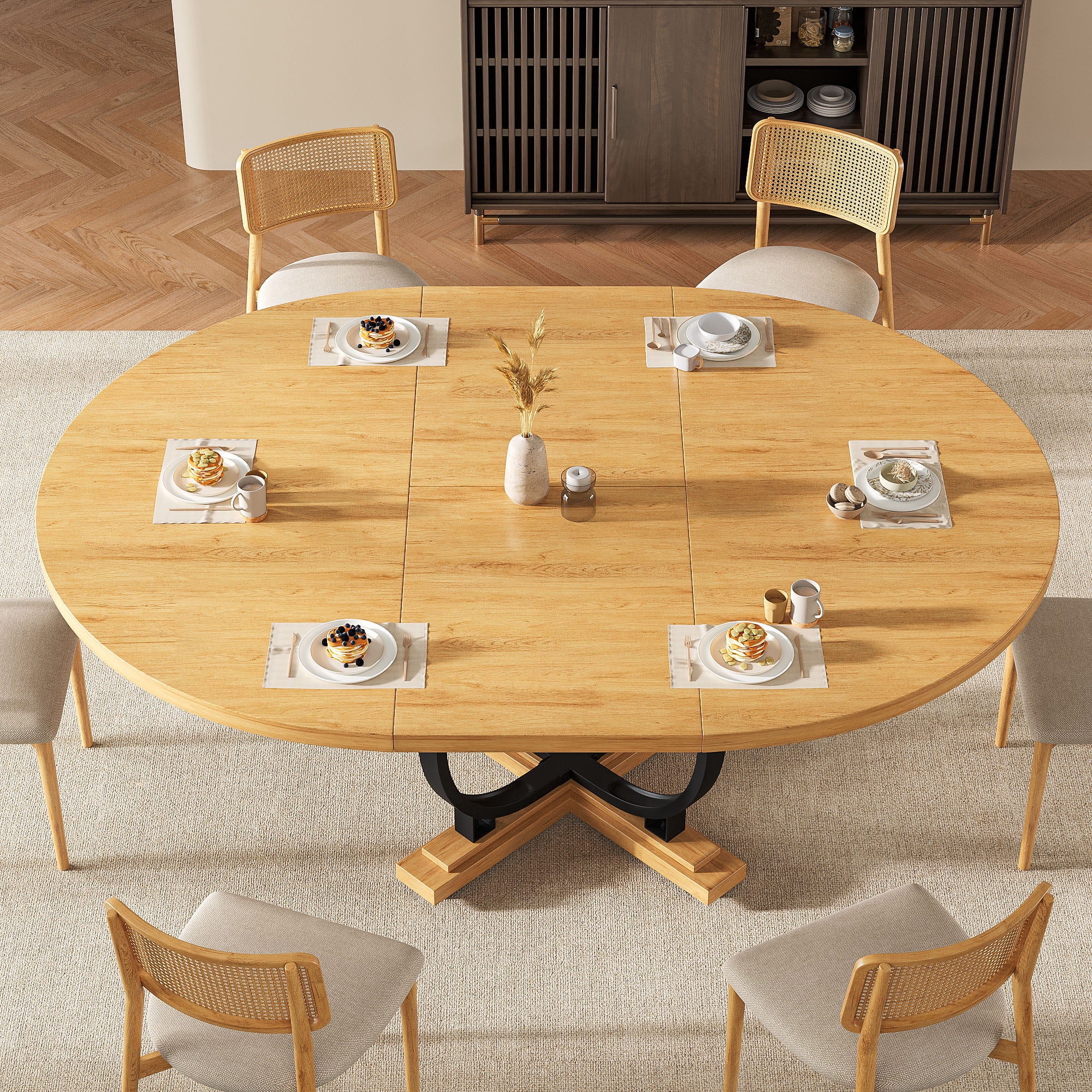 Einhomn 59”Extendable Round Dining Table for 4-8 ,Dining Room Table with X-Shaped Heavy Duty Metal Base,Thickened MDF Board,Modern Kitchen Dining Table,Space Saving,Oak