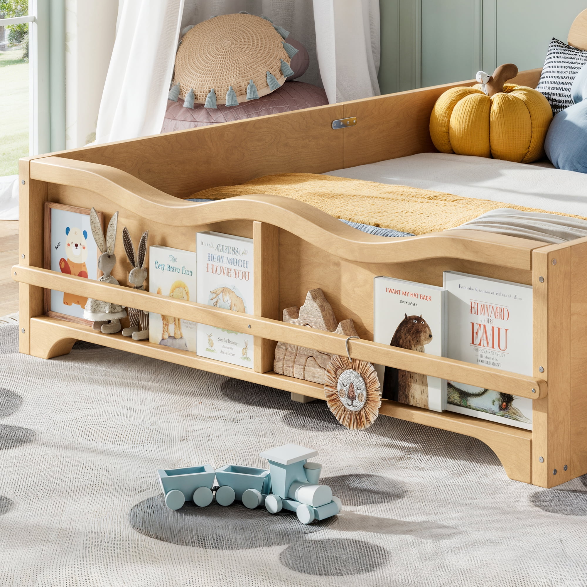 Leumius Full Platform Bed,Modern Wood Frame Bed with Full Surround Guardrails & Built-in Side Bookshelf for Kids Room,No Box Spring Needed,Natural