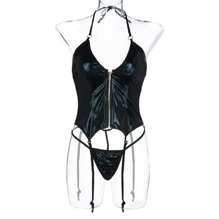 

VOSS Set Womens Leather With Garter Thong Lingerie Underwear Bodysuit Zipper