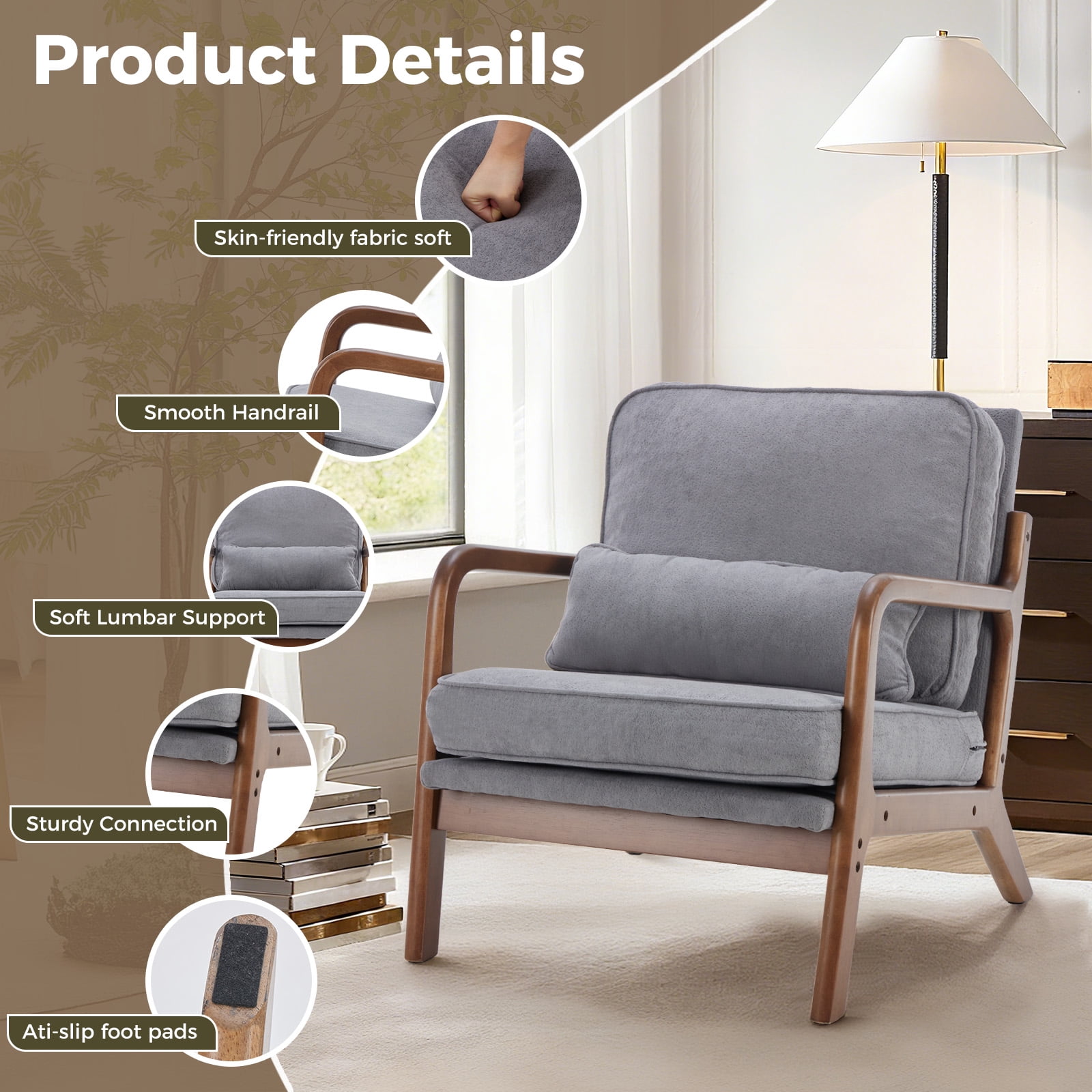 Mid-Century Modern Accent Chair with Arms and Waist Cushion, Solid Wooden Frame