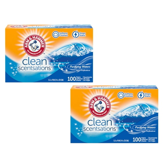 2 Pack of Arm & Hammer Fabric Softener Dryer Sheets, Purifying Waters Scent, 100 Count