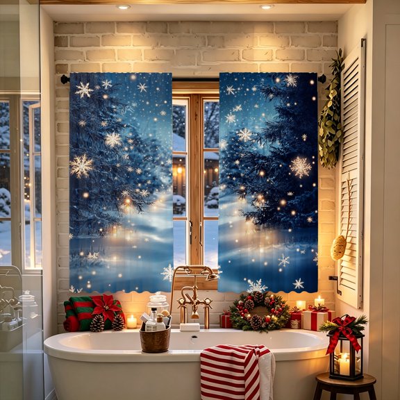 Dark‑Blue Night Frosted Mountain Cabin 2D Printed Window Curtain, No Rods Included, Light Filtering Fabric, for Indoor Living Space Winter Home Decor