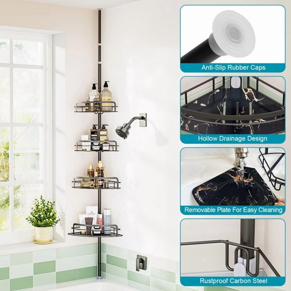 Corner Shower Caddy Tension Pole, Quick Setup, Rust-Free Bathroom Shower Organizer Corner for Bathtub Shampoo Storage, 4-Tier Adjustable Shelf, Drill Free, Fits 8.66 to 116 Inch Height, Black