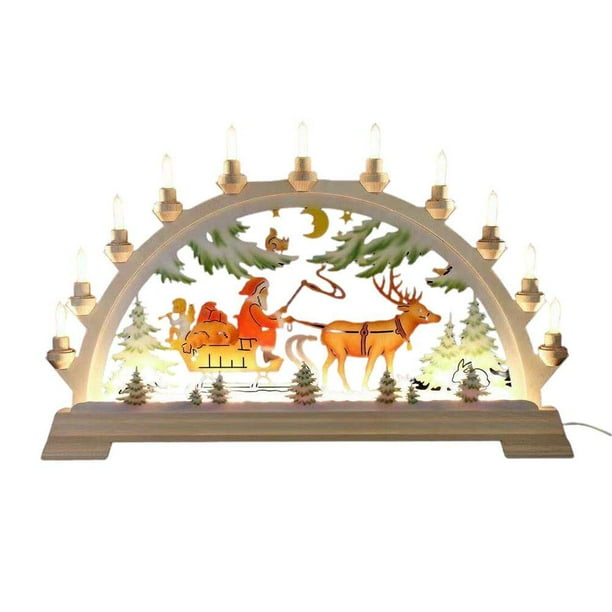 Adorno de puente de vela LED iluminado de madera de Papá Noel navideño, decoración navideña para interiores, funciona con pilas