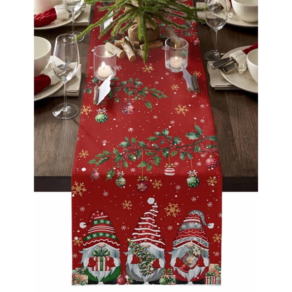 ERUNPONLY Red Gnomes Christmas Table Runner - 72 Inch Long Xmas Balls Tree Snowflake Cotton and Linen Blended Dress Scarves Farmhouse Table Runner for Kitchen Dining, Coffee Table, 13" x 72"
