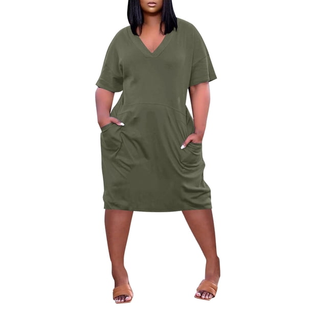 Vestido casual SCZ de color sólido con bolsillo en la rodilla y manga corta con cuello en v de talla grande de verano para mujer verde militar 4xl