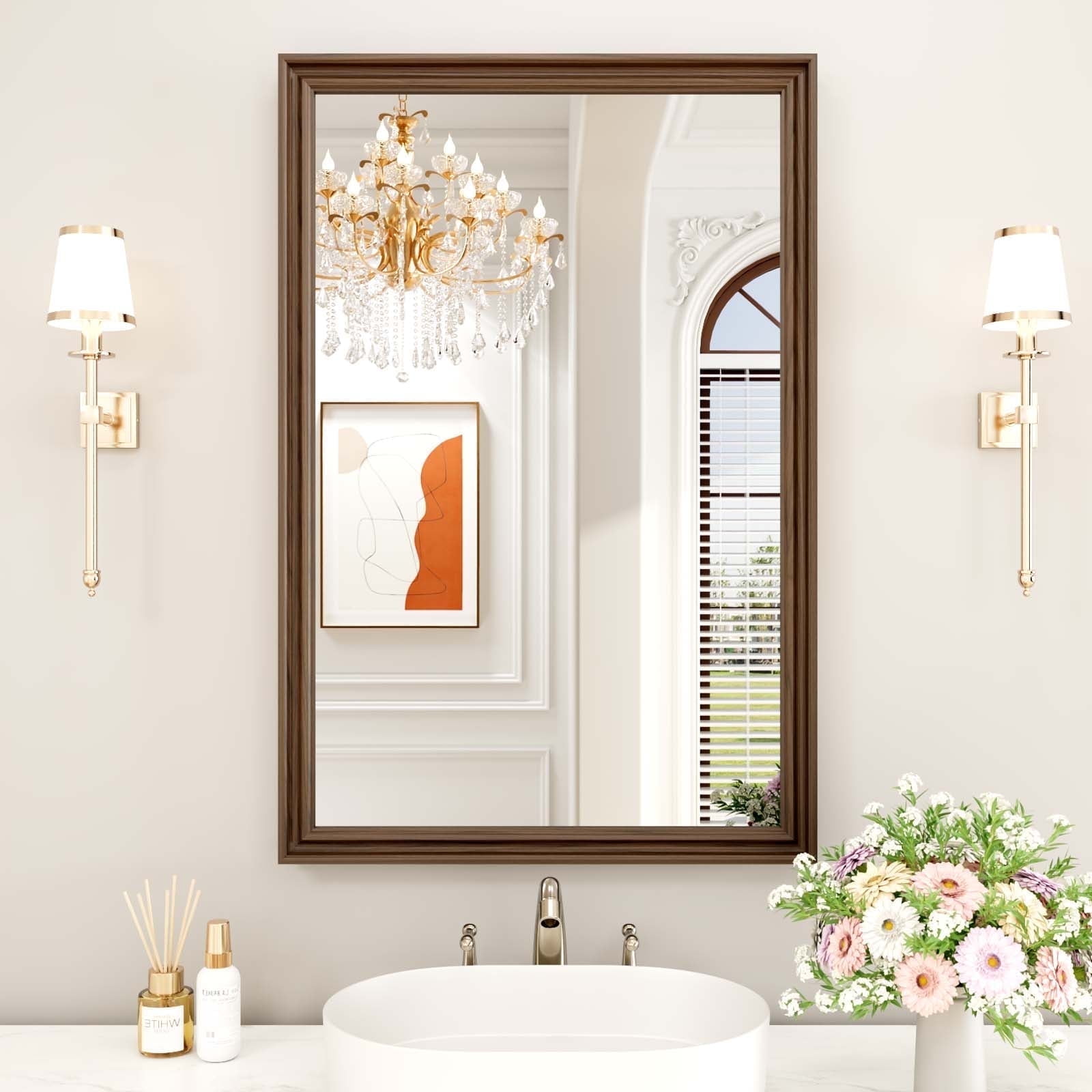 Swafrrt Retro Copper Bathroom Mirror, 24×36 Inch Bronze Oil Rubbed Framed Mirror, Rectangle Classic Vintage Framed Wall Mirror