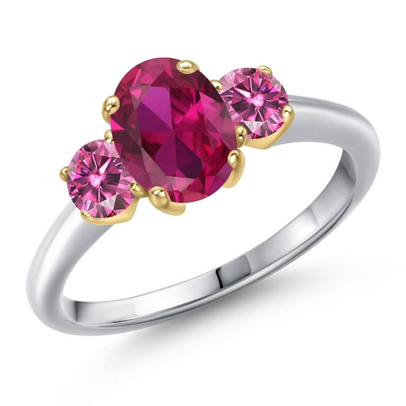 Gem Stone King 10K Two Tone Gold Red Created Ruby and Pink Moissanite Engagement Ring for Women | 1.81 Cttw | Oval 8X6MM | Gemstone July Birthstone | Size 5