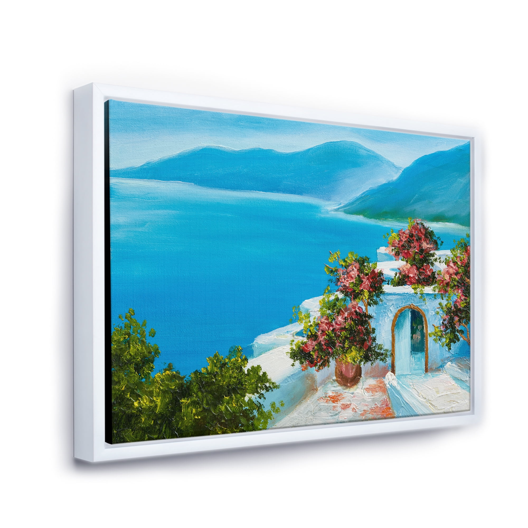 Designart 'House With Colorful Flowers Near The Sea I' Nautical & Coastal Framed Canvas Wall Art Print