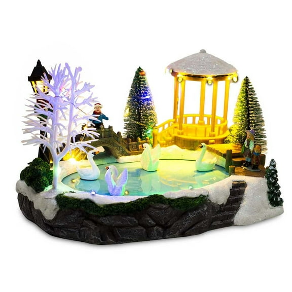 Animated Christmas Village Scene Decoration, Winter Ice Scene with Moving Swan Figurines, Lighted Music Holiday Decor for Tabletop or Mantel, Indoor Christmas Decoration