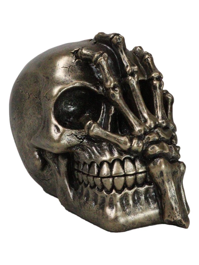 Day of The Dead Faux Bronze Hand Over Face Gesture Skull Figurine