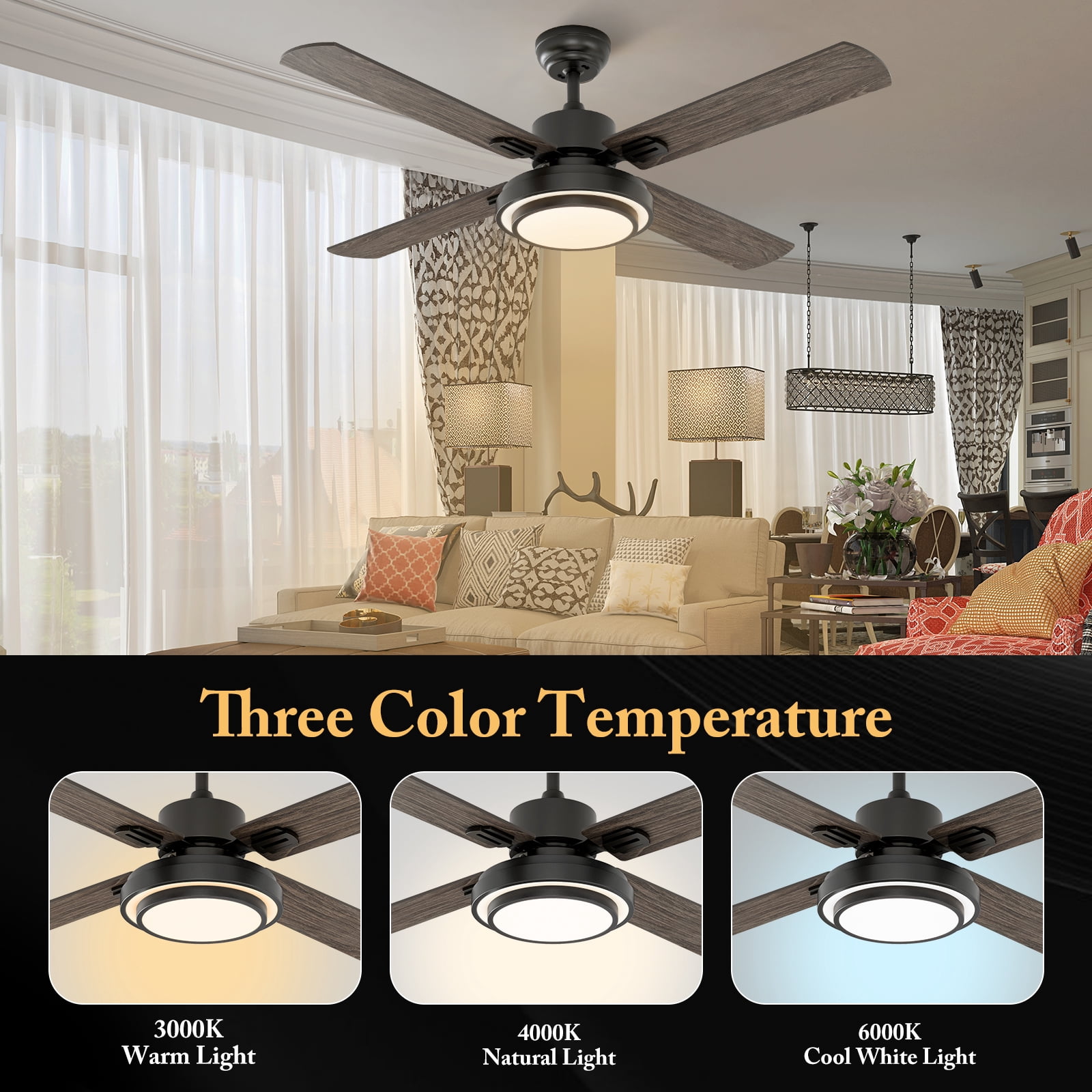 Warmiplanet 52" Modern Ceiling Fan with Light & Remote, Black, Dual-Color Blades , 3 Speeds, 3-Color Light, Reversible, Timer