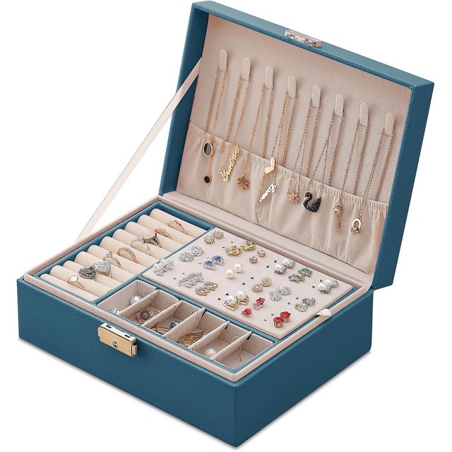 Joyero para mujer, joyero de cuero con cerradura de viaje, organizador de joyas de 2 capas, pequeño estuche de almacenamiento de joyas, organizador de joyas