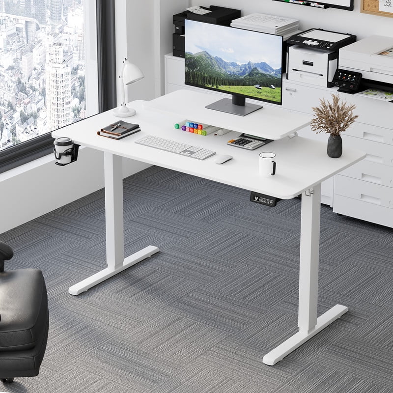 Homall 47" Wide Electric Standing Desk with Monitor Stand Lifting Range 28~46" Height Adjustable Stand Up Office Desk for Home Office, White