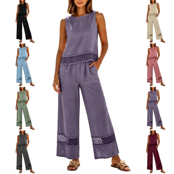 MLCDZ Summer Pants Sets Womens 2 Piece Outfits Cotton Linen Sleeveless Crop Top Round Neck Lace Wide Leg Loose Fit Trousers Beach Travel Set with Pockets