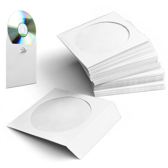 100 Pack CD DVD Thick Paper Sleeves (White) Standard Envelope Cases Display Storage Premium with Window Cut Out and Flap for Music Movie Video Game Disc