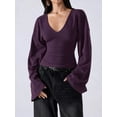 thumbnail image 6 of Women's Slimming Dark Purple V-Neck Pullover Batwing Sleeve Stretchy Long Sleeve Top for Fall Date Night Office Commute Layering, 6 of 8