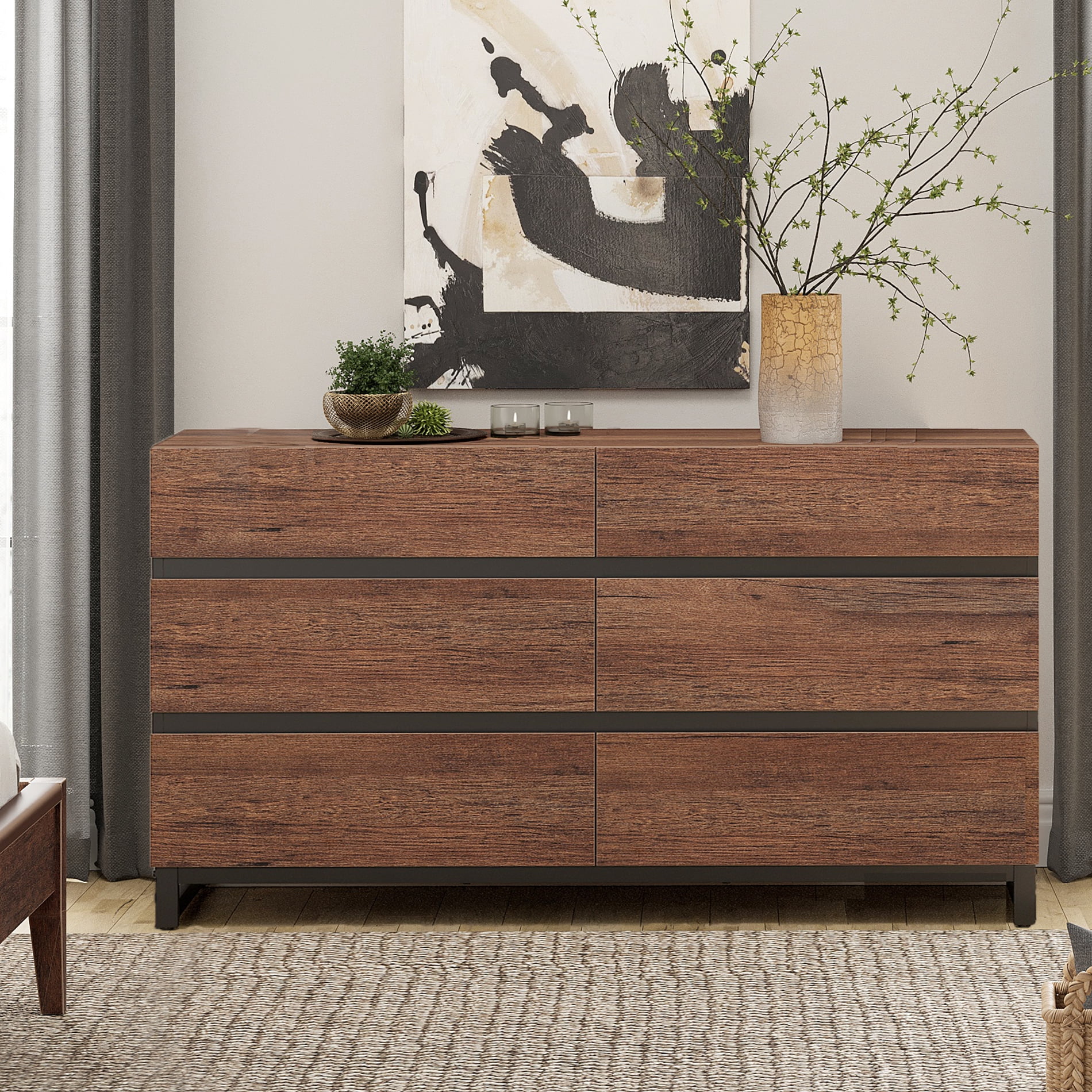 WAMPAT Modern 6-Drawer Dresser, Wooden Chest of Drawers with Concealed Handles and Sturdy Metal Base, Multifunctional Closet Storage Organizer for Bedroom Living Room, Brown