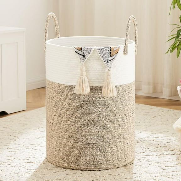 Laundry Basket, Woven Cotton Rope Laundry Hamper for Decor Storage of Dirty ClothesToys and Blankets in Bathroom, Baby Room and Living Room