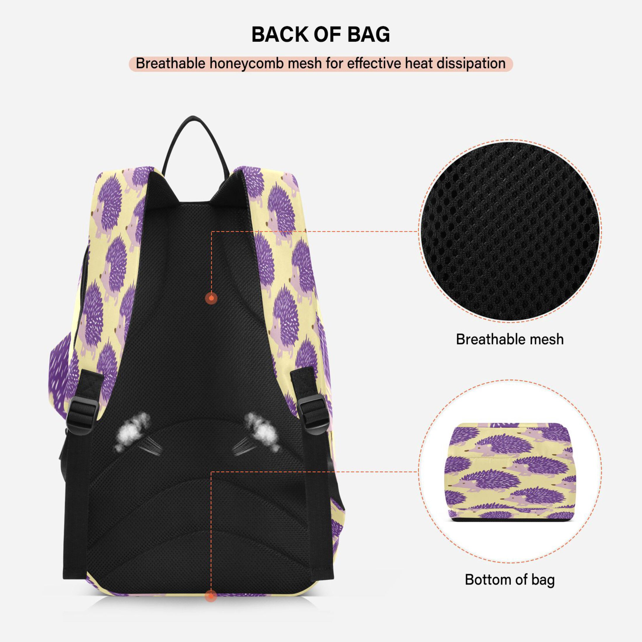 2 Racquet Holder Tennis Backpack Tennis Racket Covers Gym Bags Cute Purple Hedgehog