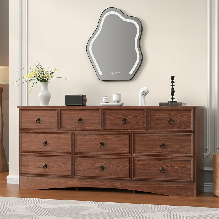 VVFLU Cherry Dresser for Bedroom, Modern Farmhouse Wide 10 Drawer Dresser,  Chest of Drawers for Living Room, Entryway and Hallway