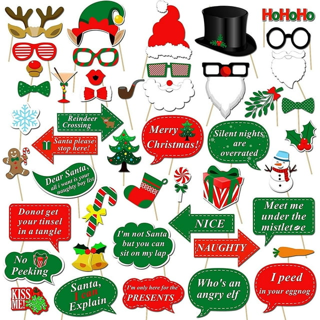 Kit de accesorios para fotomatón navideño (47 piezas), fotomatón navideño de bricolaje con palo Accesorios divertidos para selfies navideños para adultos y niños para tema navideño P