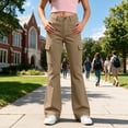 thumbnail image 5 of Bigetiay Girls Uniform Pants Formal Flare Leg Cargo Pants Pull On Chino Elastic Waist with Pockets Girls Brown Pants Girls Pants Size 13-14 Years, 5 of 8