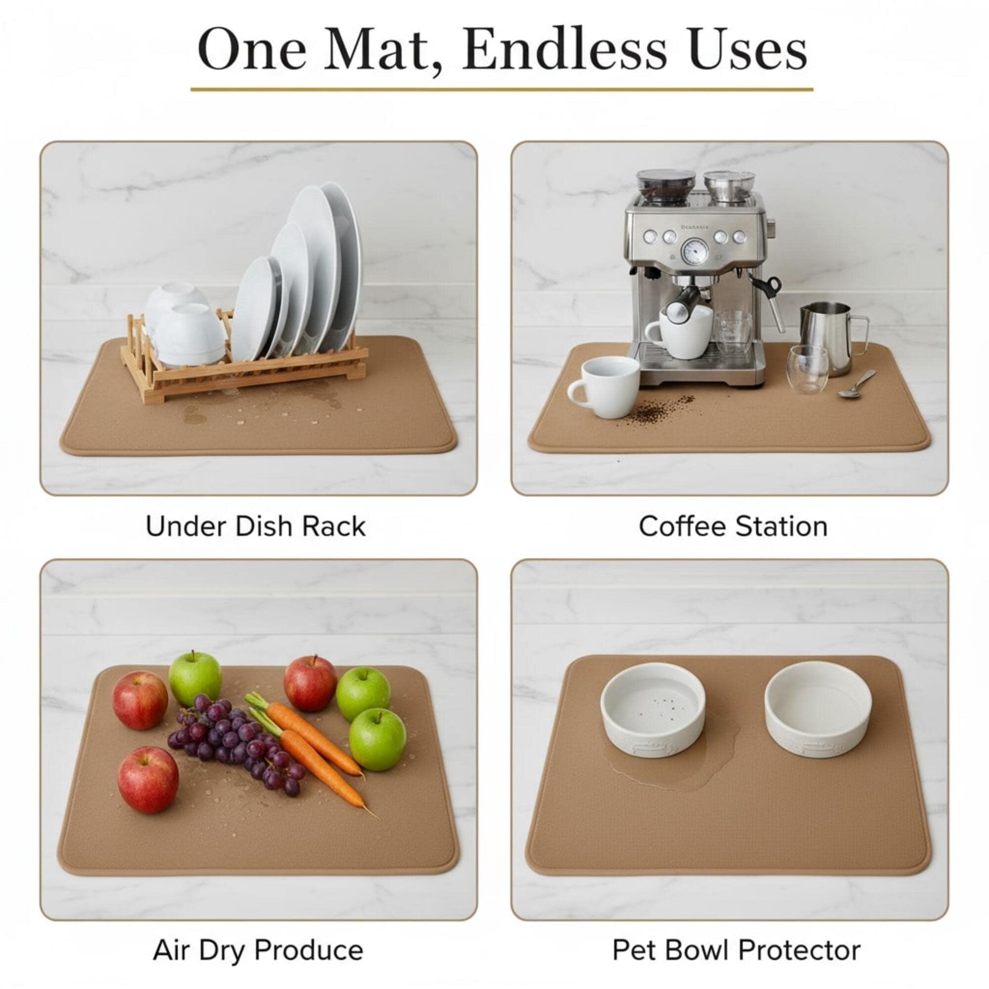 STRABELLA: Dish Drying Mat - 16x18", Brown - Super Water Absorbent, Quick Dry Foam, Multi-Purpose, Kitchen Countertops, Non-Slip, Machine Washable