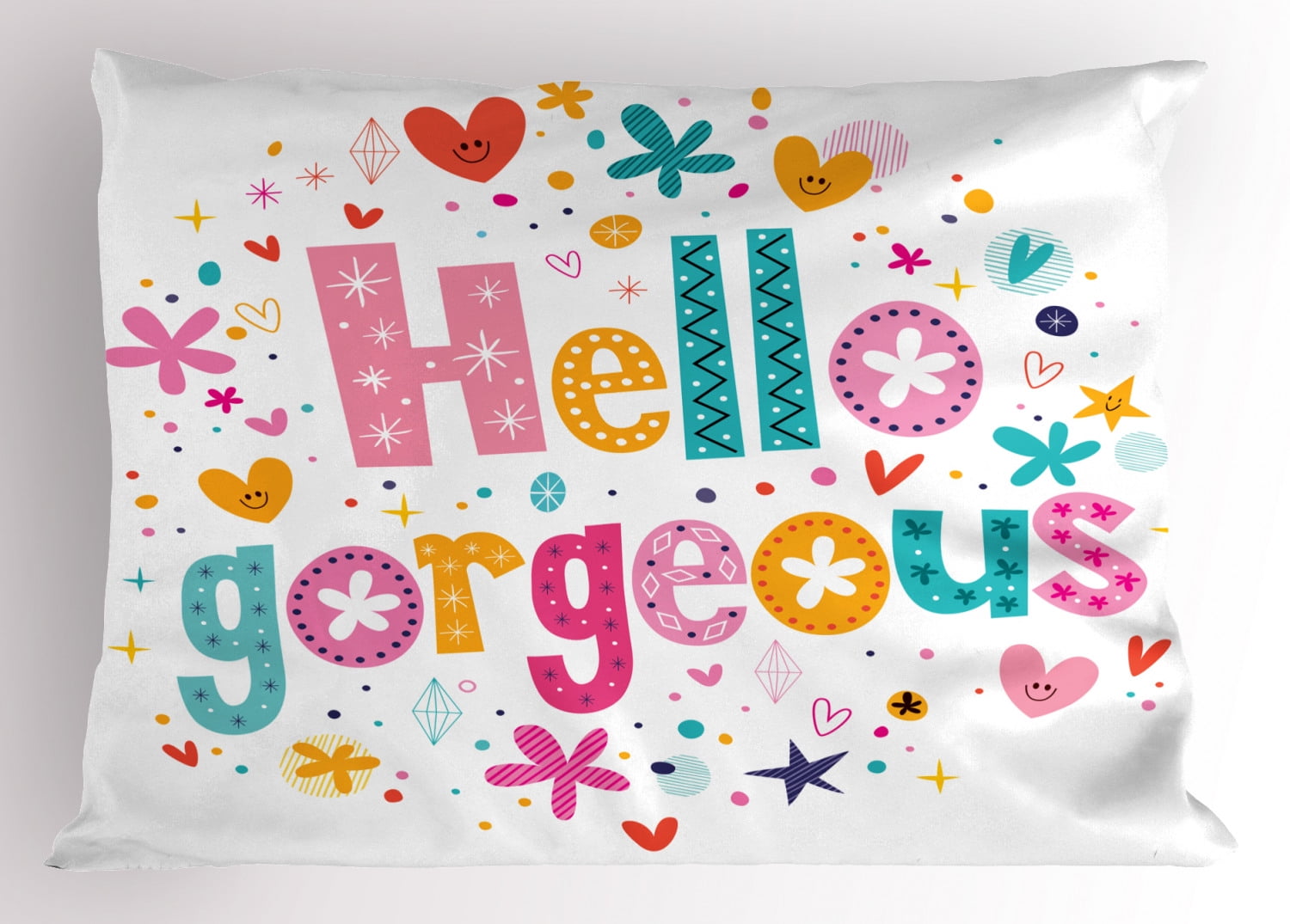 Hello Gorgeous Pillow Sham Girl Female Themed Typography Quote with Star Hearts Lines and Floral Motifs, Decorative Standard King Size Printed Pillowcase, 36 X 20 Inches, Multicolor, by Ambesonne