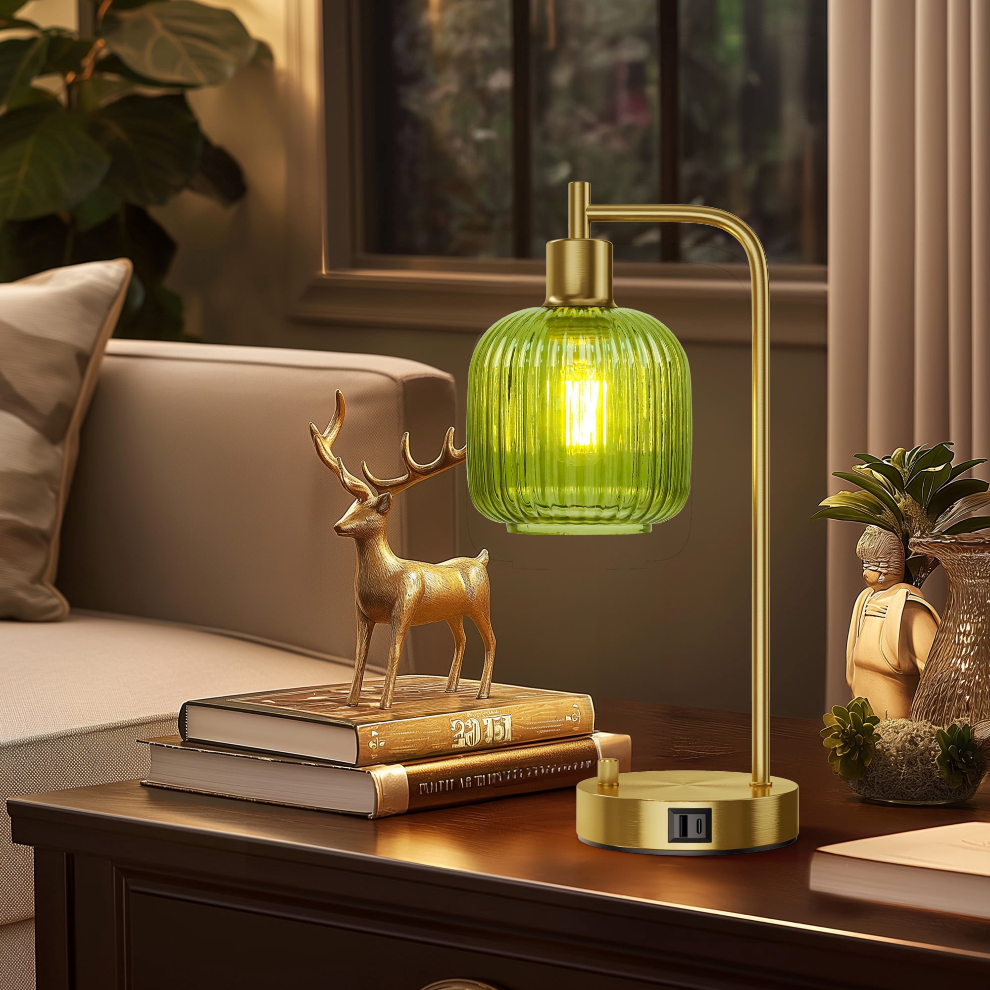 SparkGlowy Industrial Table Lamp for Bedroom Set of 2, Green Glass Beside Lamp with USB A&C Ports, Stepless Dimmable Gold Lamps, Nightstand Lamps for Living Room (Bulb Included)
