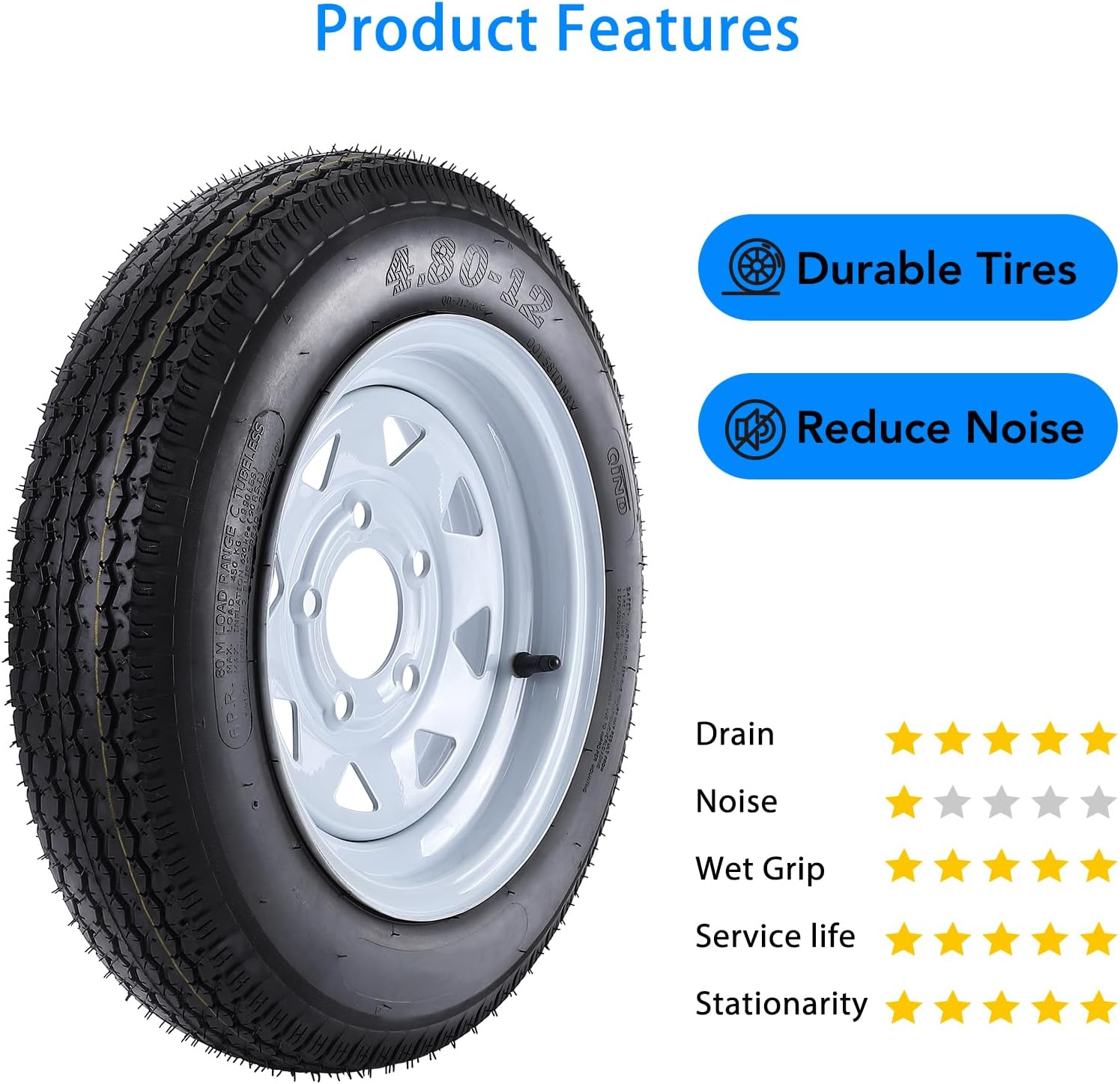 2 Pack 480-12 4.80x12 4.80-12 4.8-12 Trailer Tires with 12'' Rims, 5 Lug on 4.5'', Load Range C 6PR