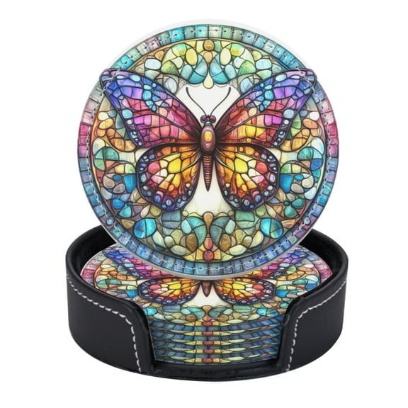PU Leather Coasters for Drinks Bar Beer,Set of 6 with Holder,Round Housewarming Gift,Stained Glass Art Of Colorful Butterfly Mandala